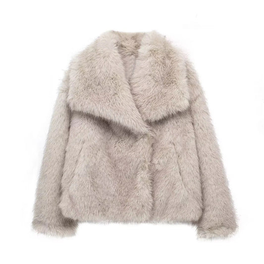 Women's Faux Fur Lapel Snap Cardigan - Cozy and Stylish Short Coat