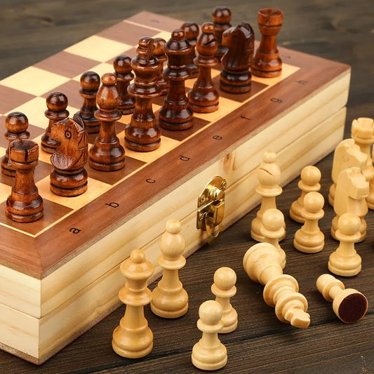 Wooden Magnetic Chess Set - Portable, Folding Board with 34 Chess Pieces