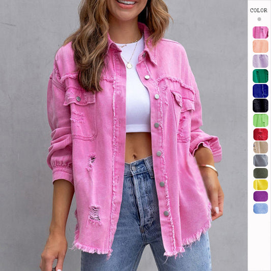 Ripped Shirt Jacket - Trendy and Comfortable Female Casual Top for Autumn and Spring